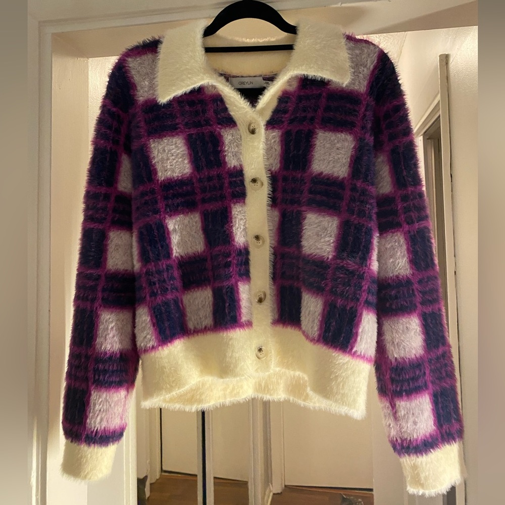 Greylin purple check cardigan fuzzy Anthropologie